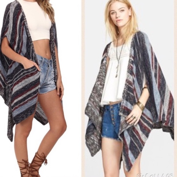 Free People Big Trail Poncho Cardigan Sweater Linen Blend Blue/Red/Gray XS - Picture 4 of 14